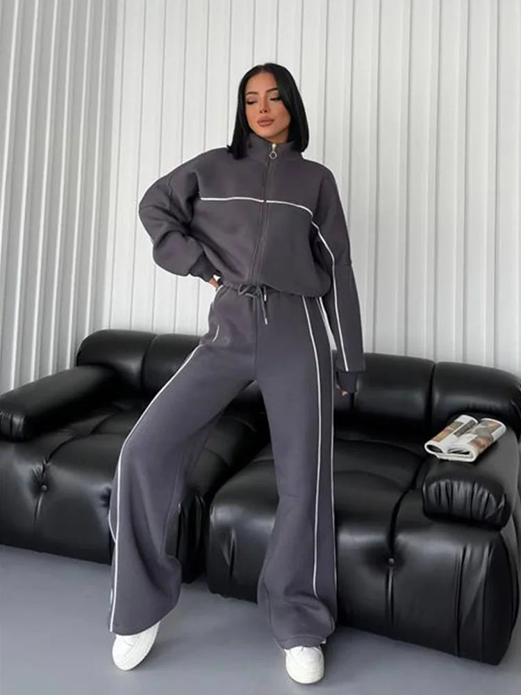 Women’s 2-Piece Tracksuit Set – Long Sleeve Half High Collar Cardigan Sweater & Trousers Casual Sportswear
