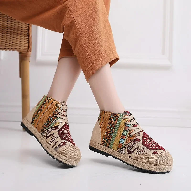 Women’s Bohemian Grass Woven Flat Espadrilles – Comfortable Lace-Up Non-Leather Casual Shoes