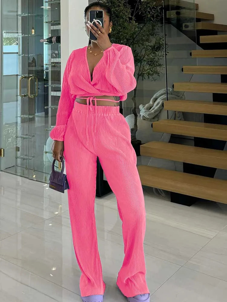 Women’s Casual 2-Piece Lounge Set – Draped Top & Elastic Wrap Pants | Fall Outfits Wholesale Dropshipping