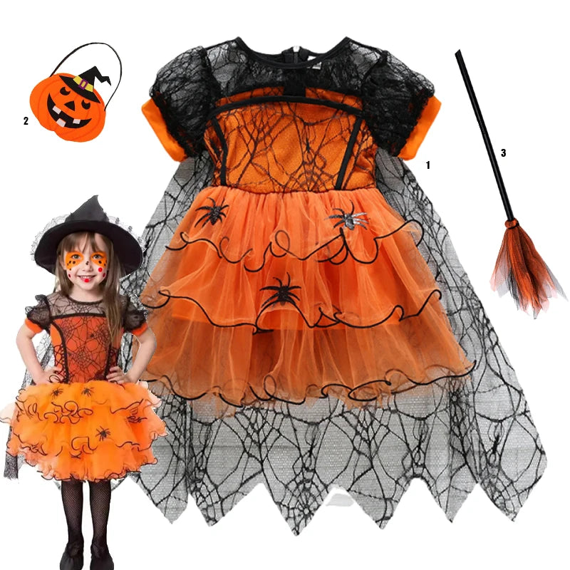 2–7Y Halloween Witch Cosplay Dress – Cute Spider Mesh Cape Outfit for Baby & Kids, Carnival Party Costume