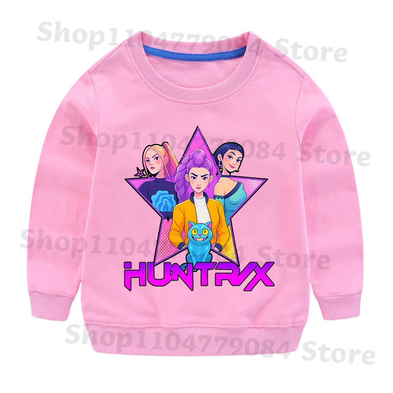 K-pop Demon Hunters Round-Neck Sweatshirt – Cute Anime Cartoon Hoodie for Children, Boys & Girls, Spring & Autumn Sport Fashion