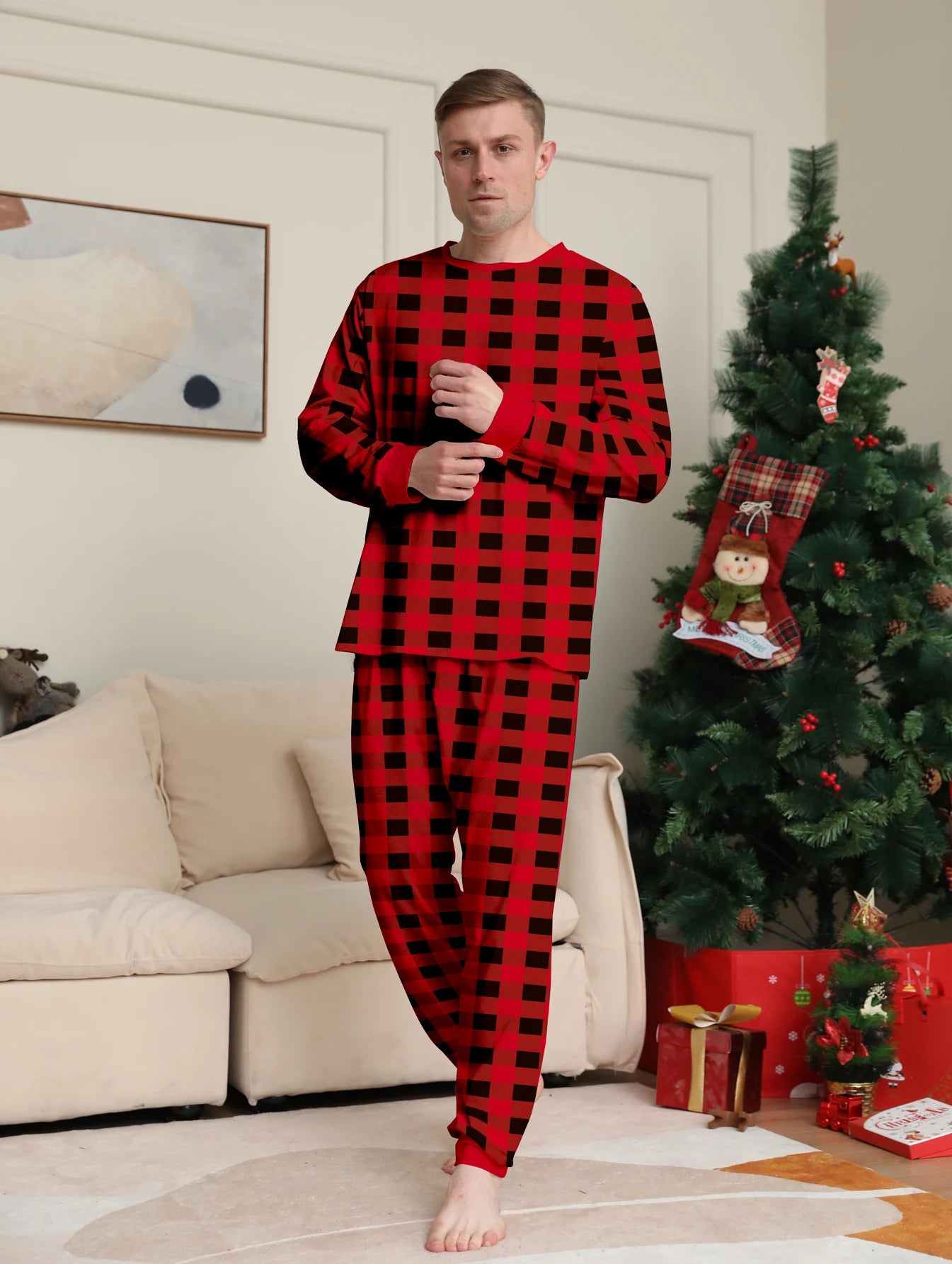 Couple Matching Christmas Pajamas Set – Long Sleeve Red & Black Buffalo Plaid Sleepwear
