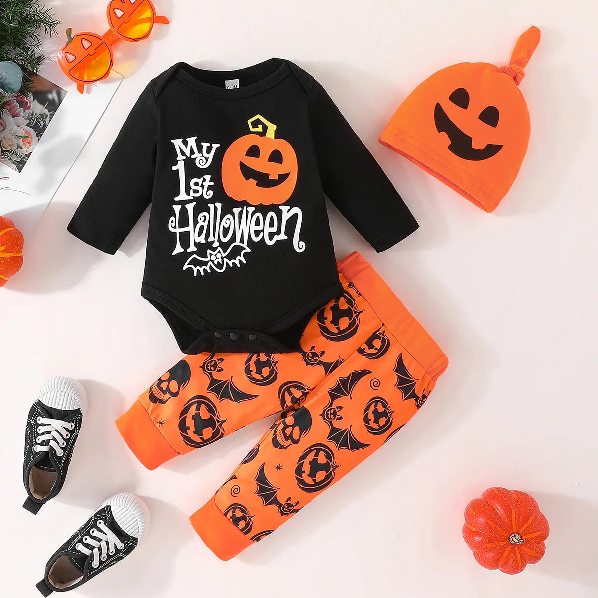 Ceeniu My First Halloween Baby Outfit – Boys Long Sleeve Letter Romper with Suspender Pants & Hat, Newborn Costume