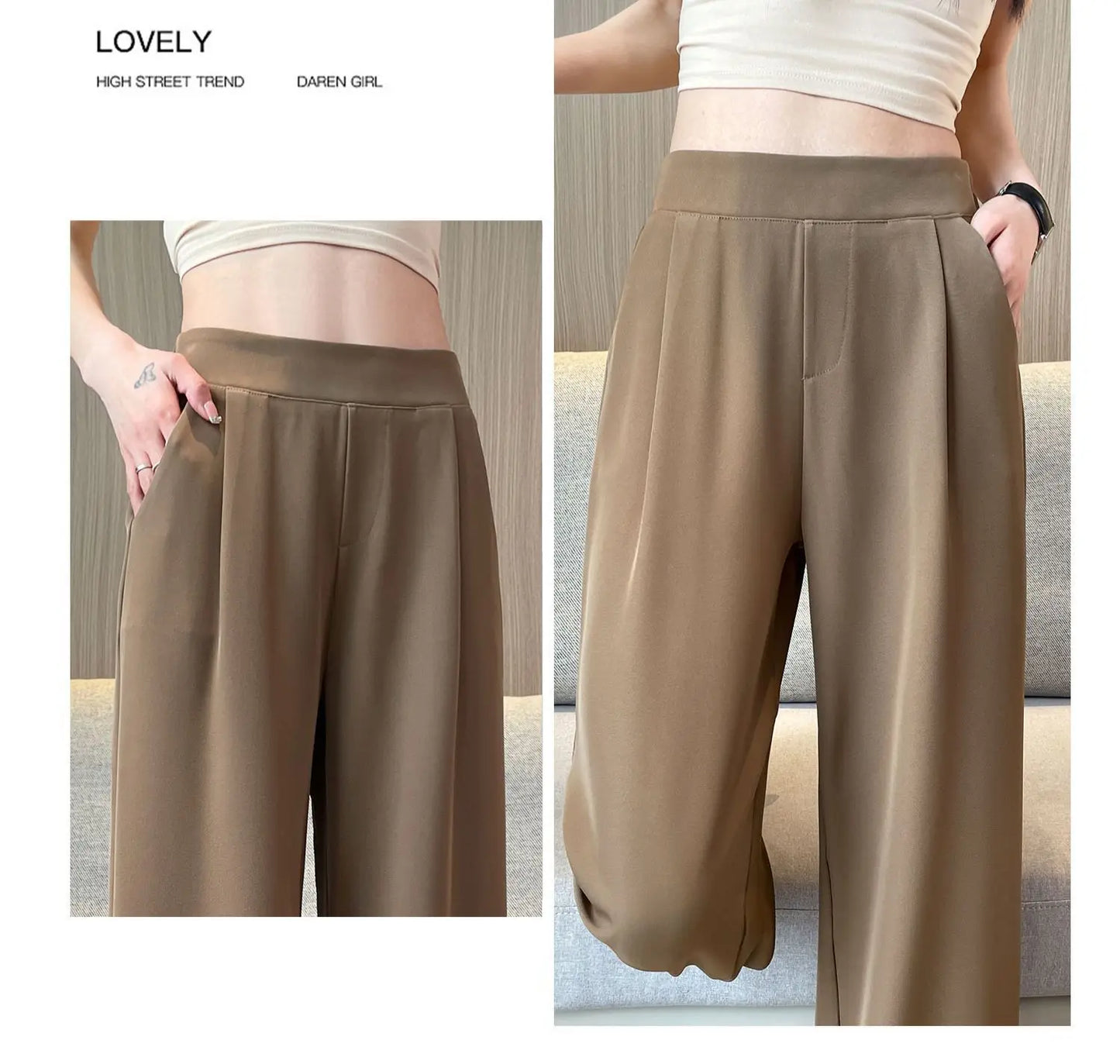 High-Waist Black Wide-Leg Pants for Women – Elegant Straight-Leg Loose Suit Trousers with Pendant Detail