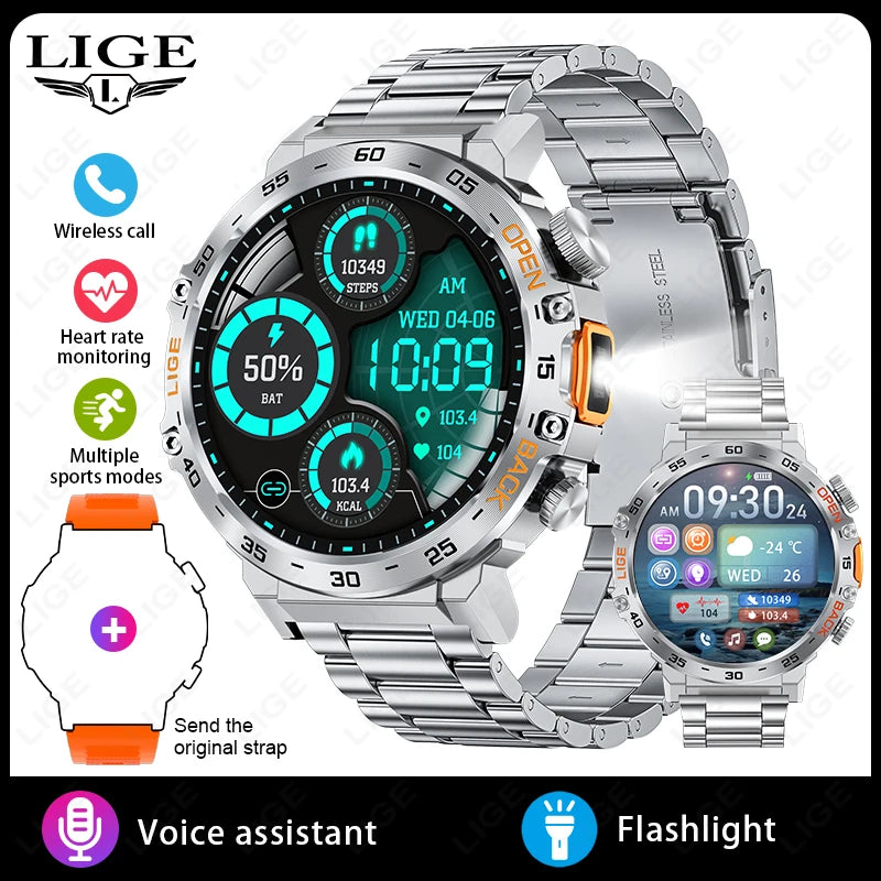LIGE 2025 Smart Watch for Men – 360×360 AMOLED HD Display Waterproof Fitness Smartwatch with Flashlight (Android & iOS Compatible)