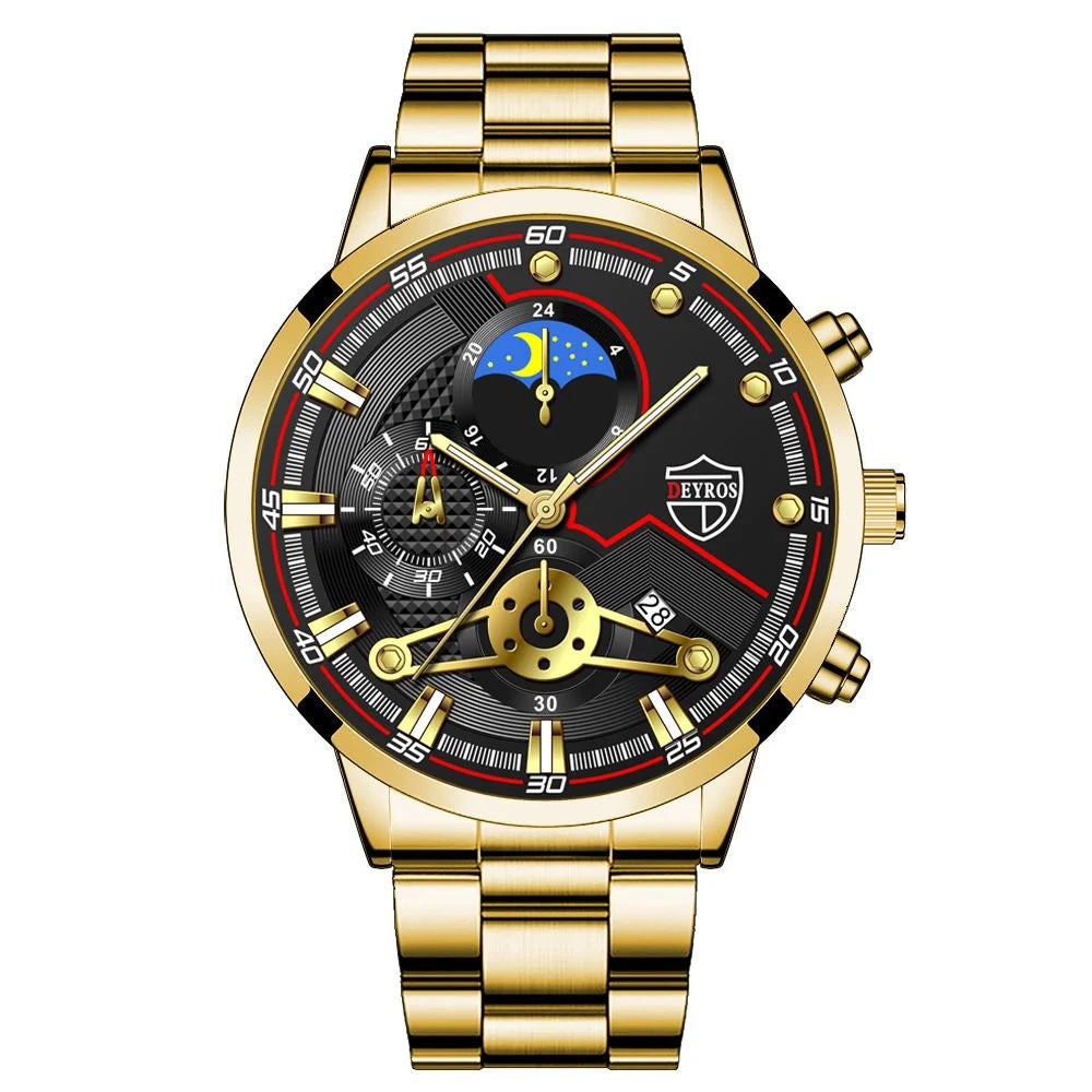Men’s Luxury 3-Piece Stainless Steel Quartz Watch – Business & Sport Full Calendar Wristwatch