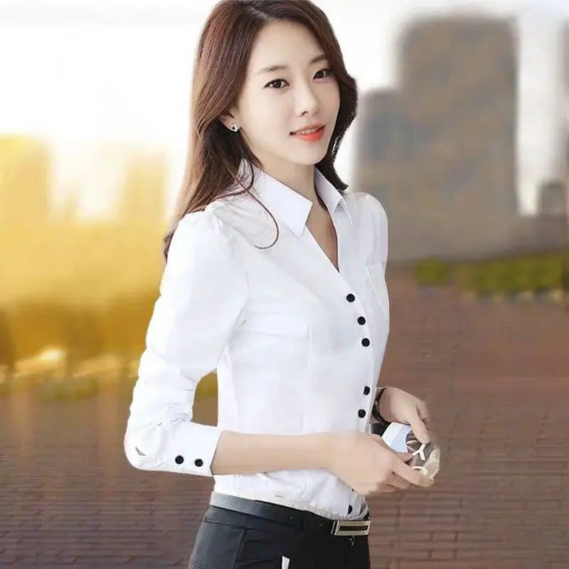 Women’s White Chiffon Blouse – Long Sleeve V-Neck Formal Shirt for Autumn
