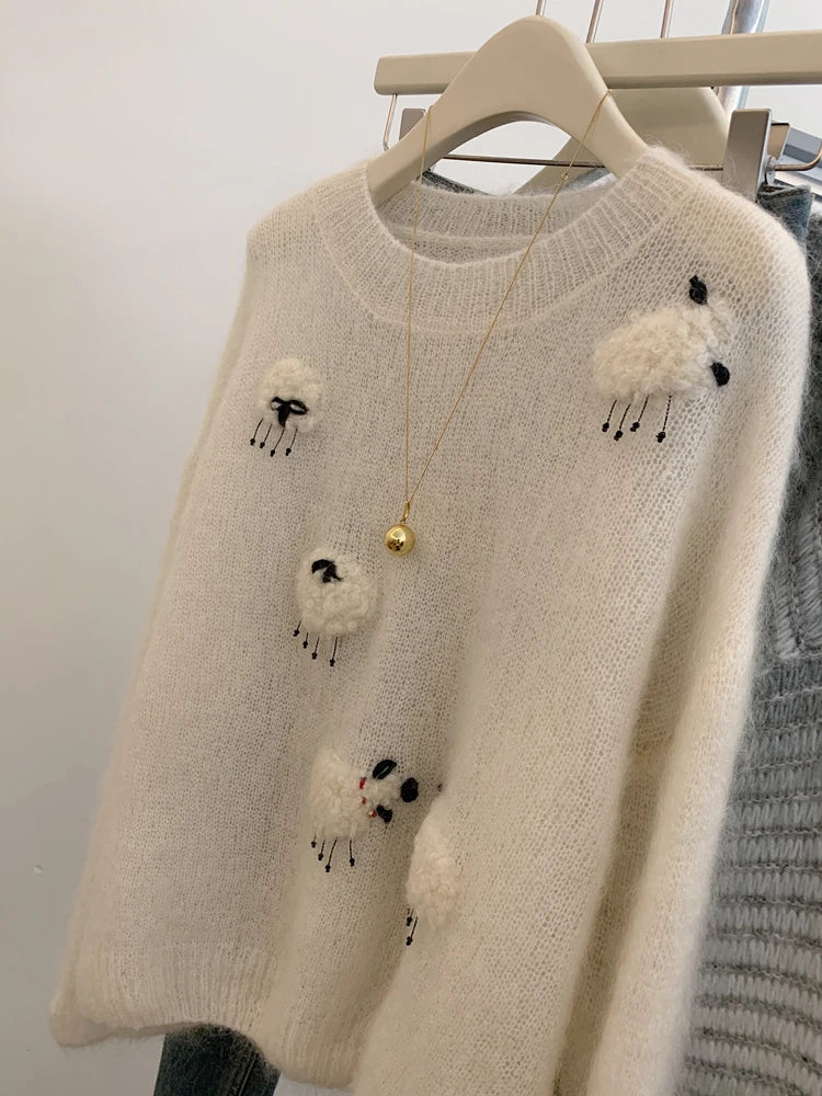 Women’s White Knit Sweater – Cute Animal Woolen Pullover | 2025 Autumn Winter Korean Fashion