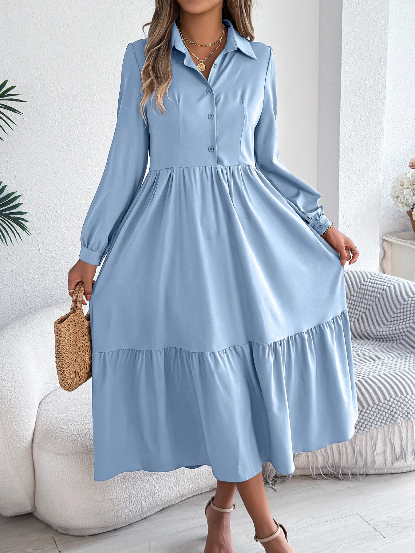 Women’s Casual Vacation Shirt Dress – Long Sleeve Turn-Down Collar Single-Breasted Spring & Autumn Dress