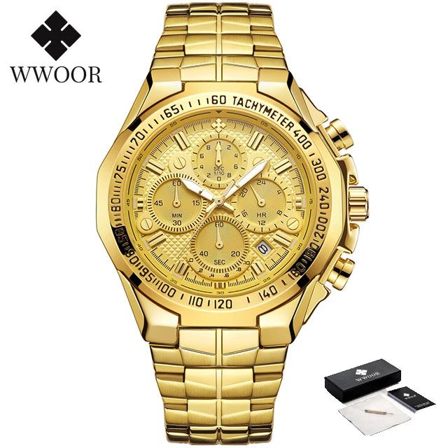 WWOOR Men’s Luxury Gold Chronograph Watch – Big Dial Waterproof Quartz Wristwatch