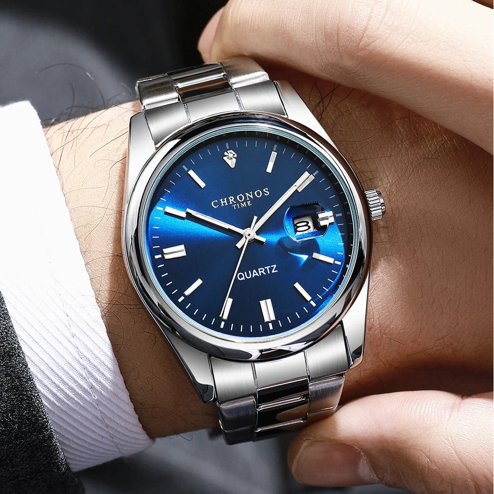 CHRONOS Luxury Men’s Stainless Steel Quartz Watch – Waterproof Luminous Date Wristwatch
