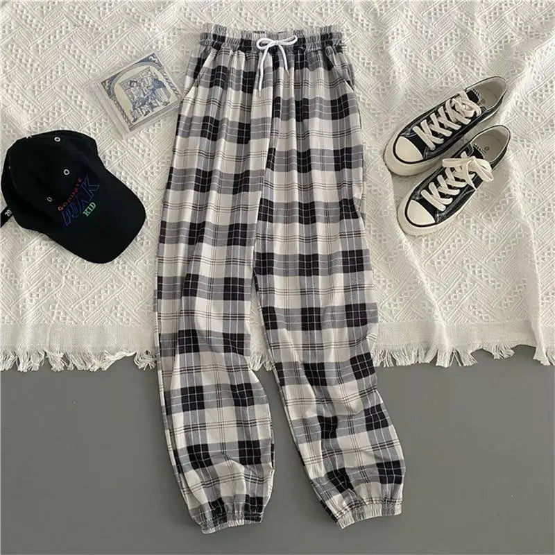 Women’s Korean Plaid Casual Pants – Loose Harajuku Harem Trousers | Summer Streetwear Fashion for Students