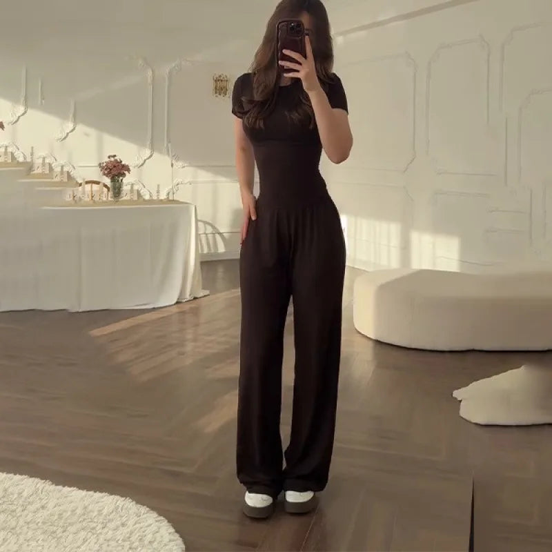 Women’s Casual Two-Piece Pants Set – Short Sleeve O-Neck T-Shirt & Elastic Waist Trousers | Spring Summer Solid Lounge Outfit