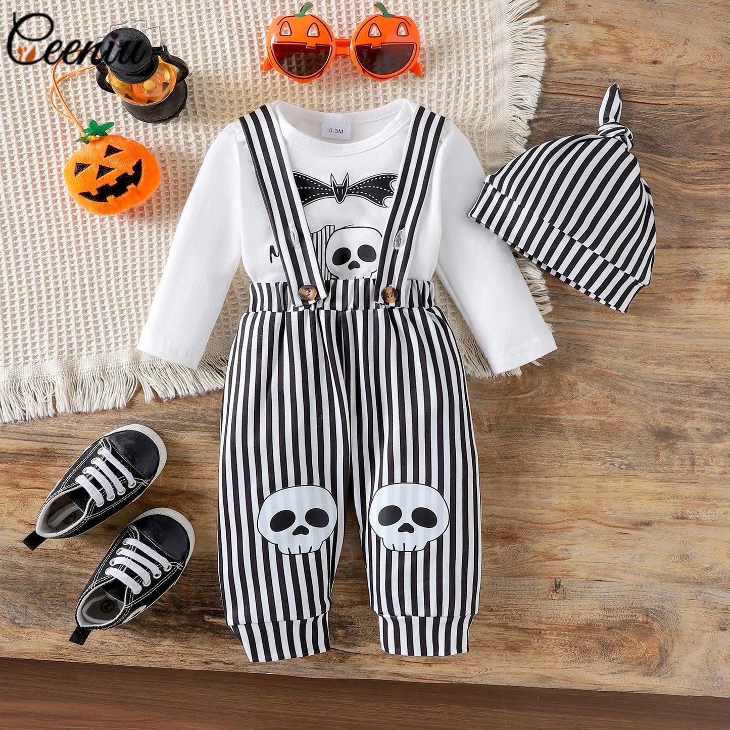 Ceeniu My First Halloween Baby Outfit – Boys Long Sleeve Letter Romper with Suspender Pants & Hat, Newborn Costume