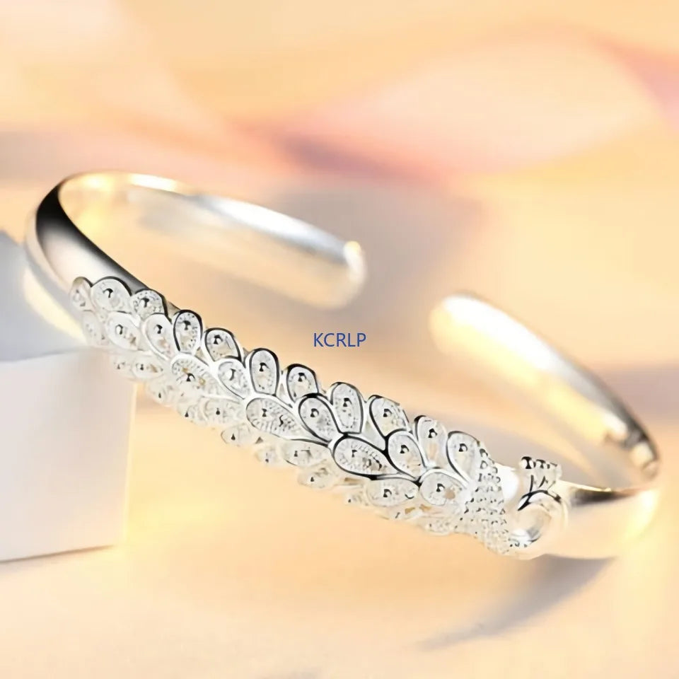 KCRLP 925 Sterling Silver Peacock Bracelet – Elegant Opening Screen Bangle for Women, Wedding & Party Jewelry Gift