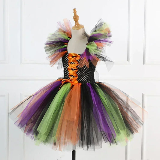 2025 Halloween Girls Witch Costume – Cosplay Tutu Knee Dress with Hat and Broom for Kids’ Carnival & Party