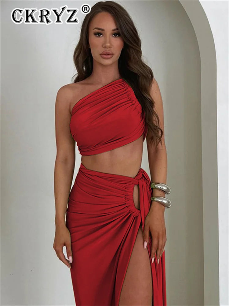 Ladies Summer 2-Piece Set – Sleeveless Backless Crop Top & Side-Slit Slim Long Skirt for Evening, Party, Club, and Streetwear