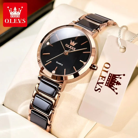 OLEVS Luxury Women’s Rose Gold Quartz Watch – Fashion Ceramic Strap Elegant Wristwatch