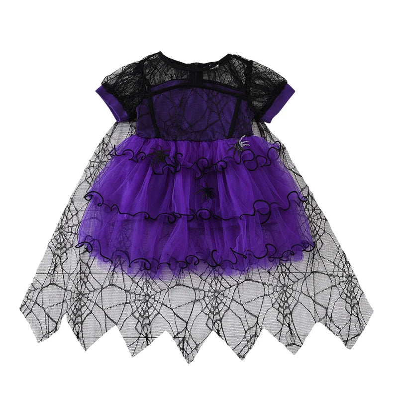 2–7Y Halloween Witch Cosplay Dress – Cute Spider Mesh Cape Outfit for Baby & Kids, Carnival Party Costume