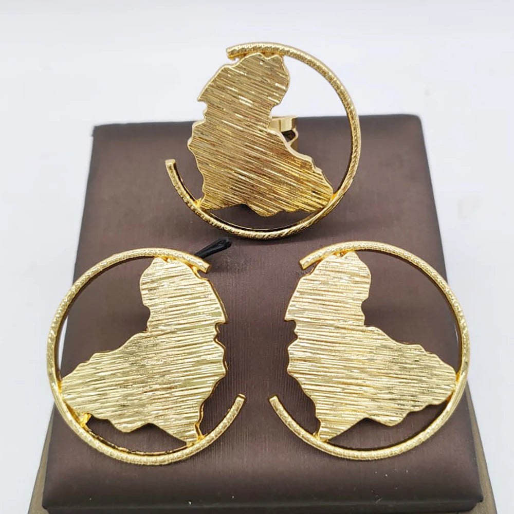 Dubai 18K Gold Plated Jewelry Set – Elegant Earrings & Ring for Women, Arabic Nigerian Bridal Wedding Accessories