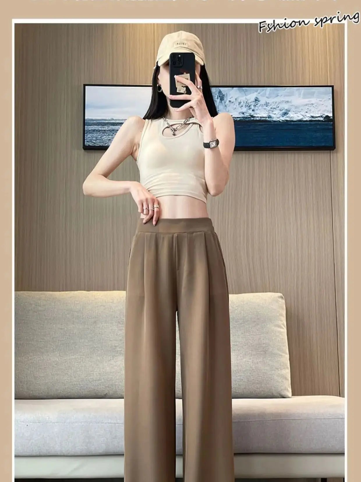High-Waist Black Wide-Leg Pants for Women – Elegant Straight-Leg Loose Suit Trousers with Pendant Detail