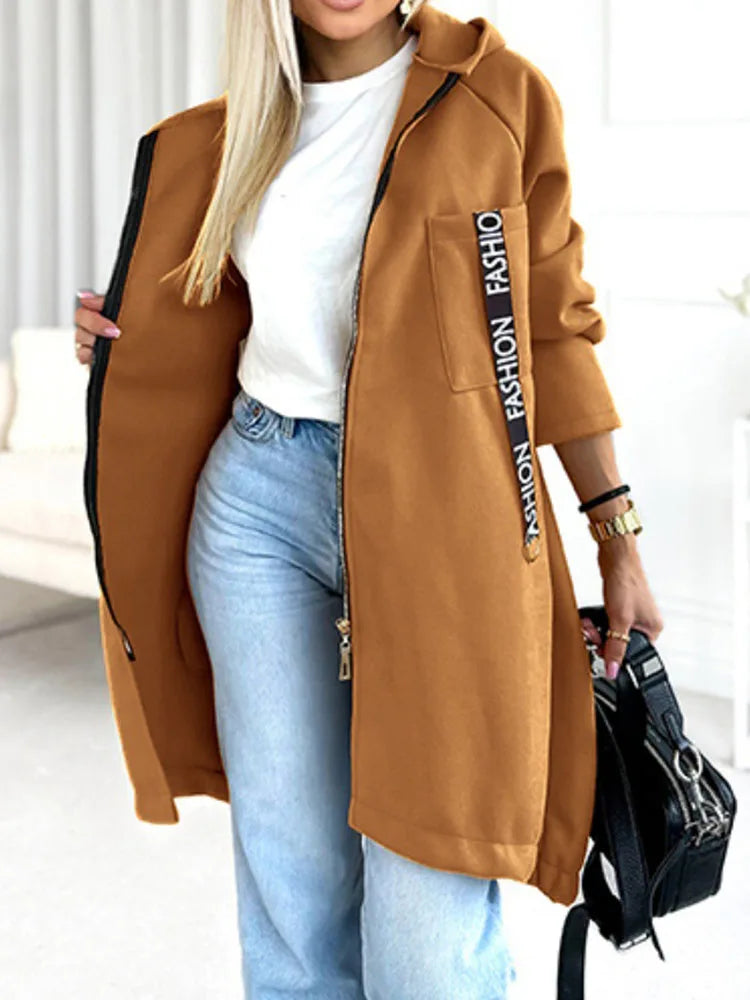 Women’s Casual Letter Printed Long Hoodie Jacket – Zipper Overcoat for Autumn & Winter | Sporty Streetwear Outerwear