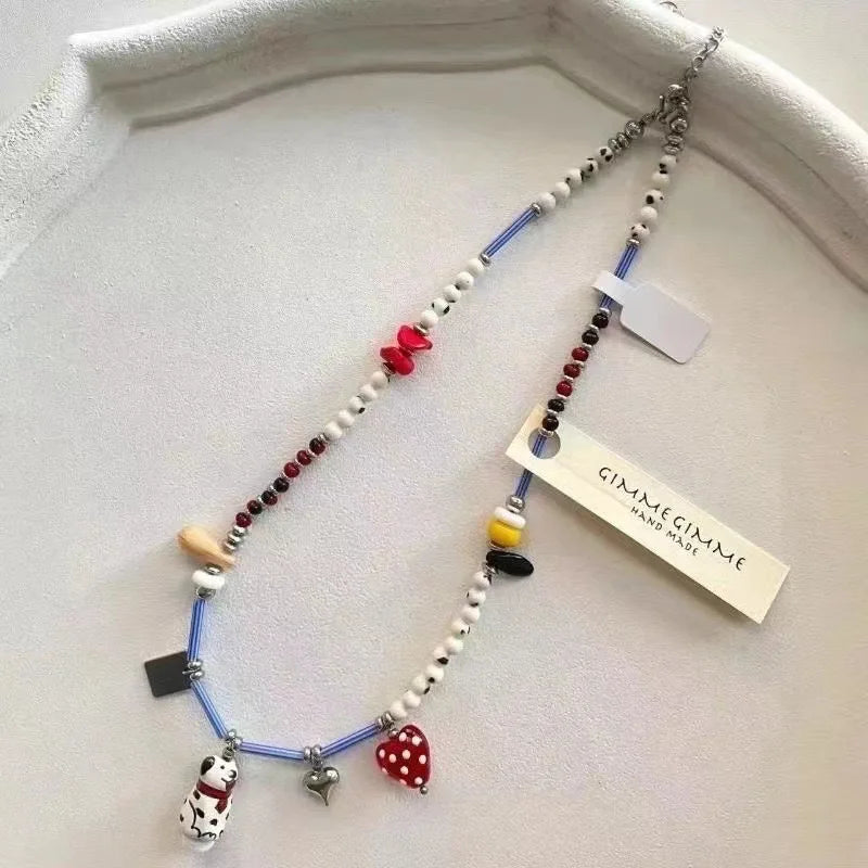 Harajuku Y2K Colorful Beaded Bow Pendant Necklace – Aesthetic Acrylic Jewelry for Women & Party Wear