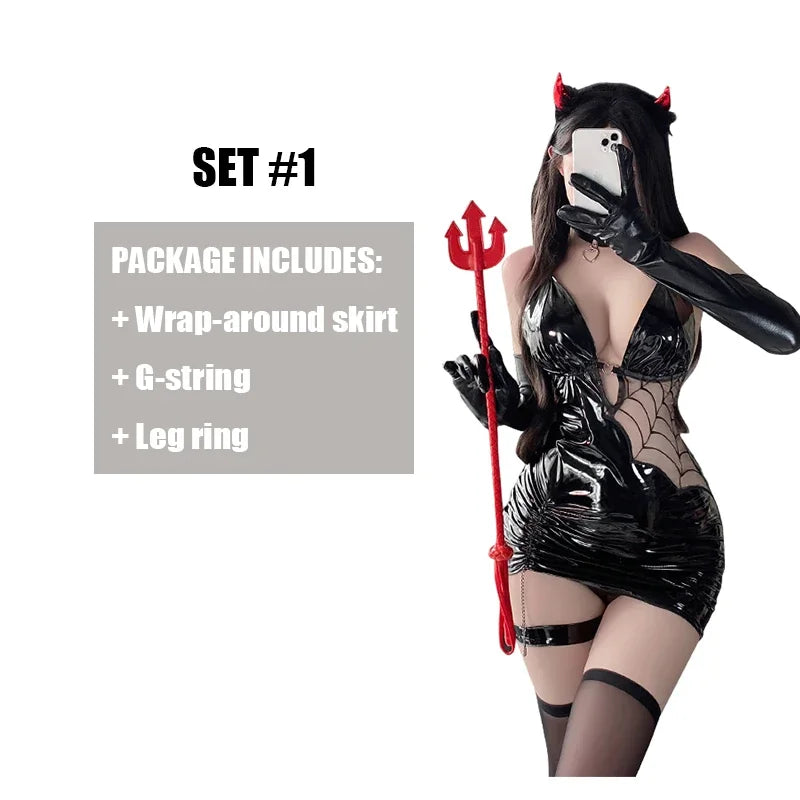 2025 Halloween Sexy Witch Lingerie Costume – Seductive Spider PU Faux Leather Bodycon Dress with Stockings for Women Cosplay