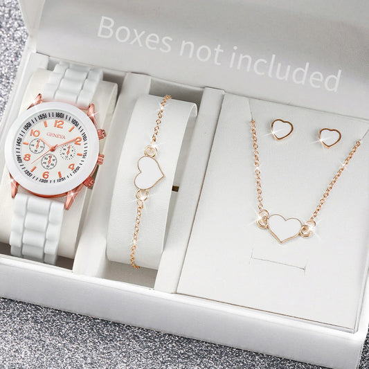 5/6PCS Women’s Quartz Watch Set Fashion Silicone Band Girls Gift Wristwatch (No Box)