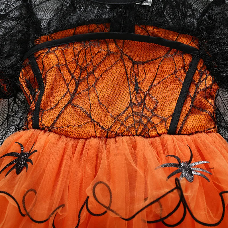 2–7Y Halloween Witch Cosplay Dress – Cute Spider Mesh Cape Outfit for Baby & Kids, Carnival Party Costume