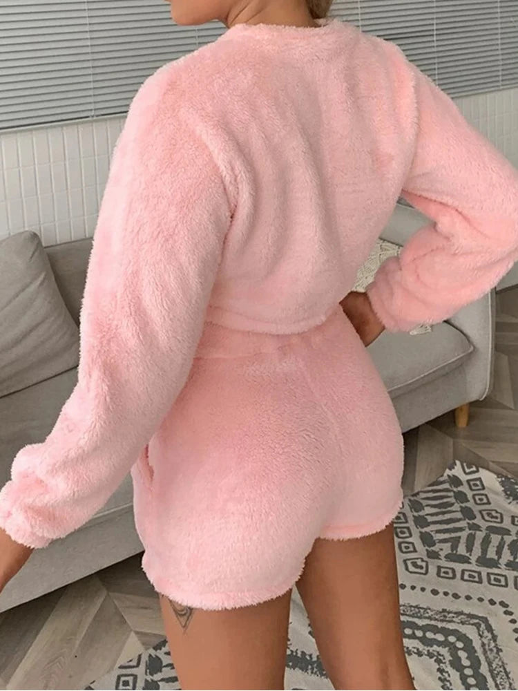 Women’s Pink Plush 2-Piece Tracksuit – Round Neck Sweatshirt & Shorts Set | Casual Home & Lounge Wear