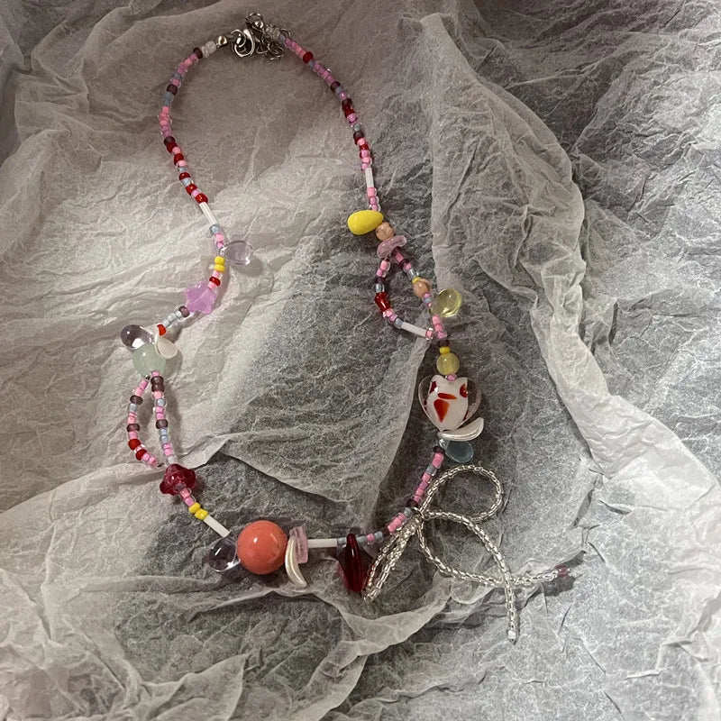 Harajuku Y2K Colorful Beaded Bow Pendant Necklace – Aesthetic Acrylic Jewelry for Women & Party Wear