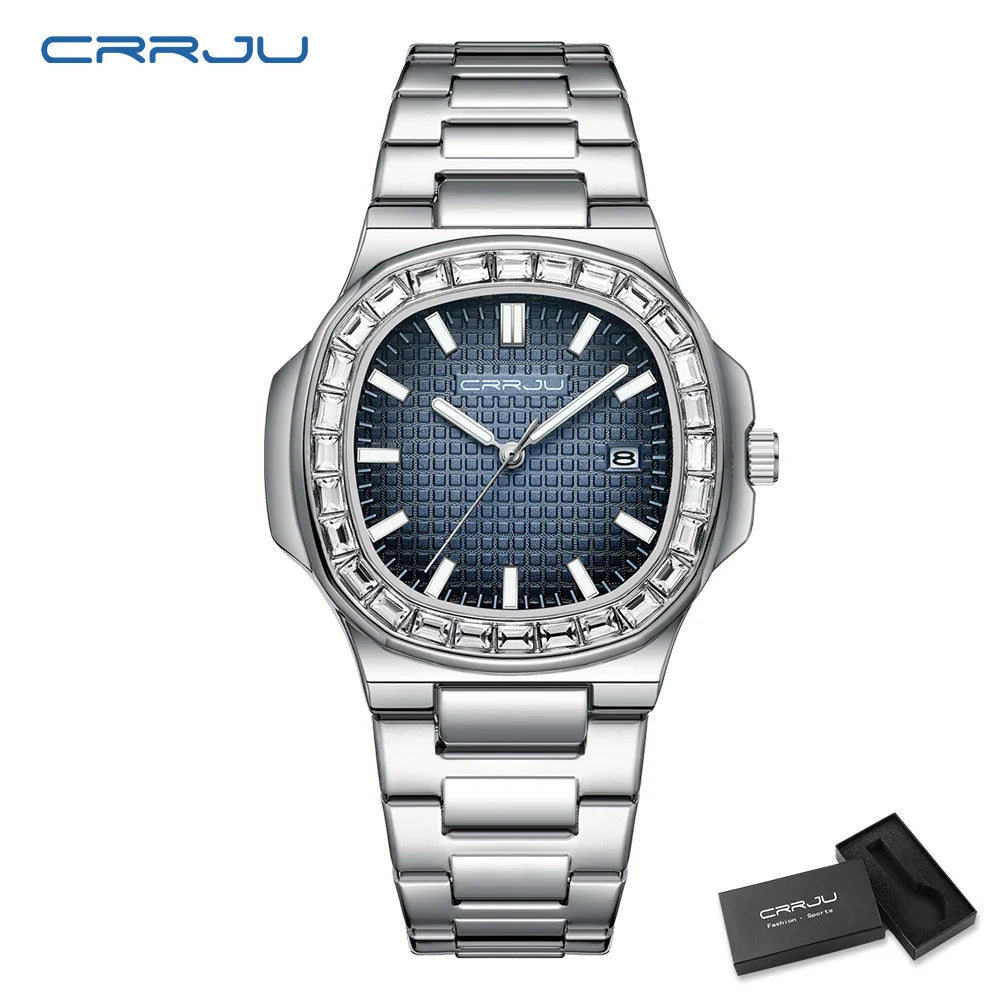 CRRJU Luxury Men’s Stainless Steel Quartz Watch – High-Quality Fashion Wristwatch with Calendar Display