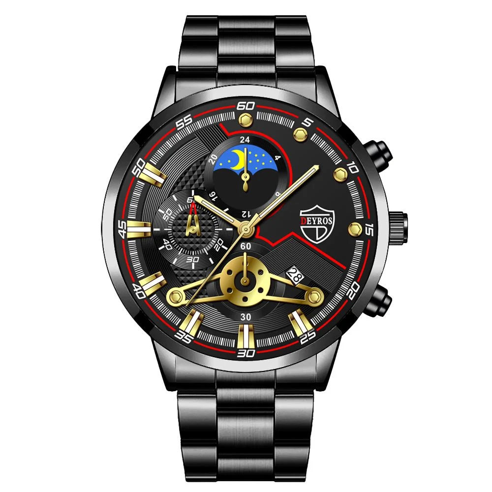 Men’s Luxury 3-Piece Stainless Steel Quartz Watch – Business & Sport Full Calendar Wristwatch