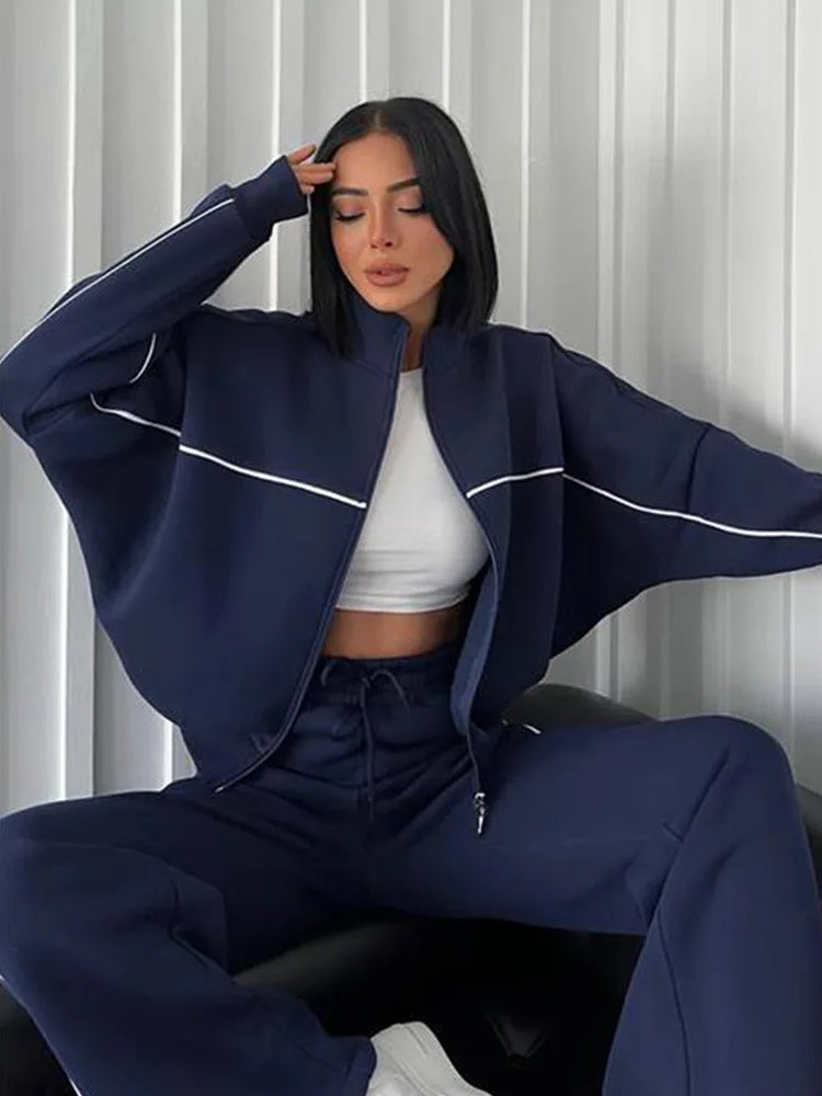 Women’s 2-Piece Tracksuit Set – Long Sleeve Half High Collar Cardigan Sweater & Trousers Casual Sportswear