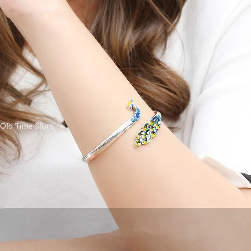 Cloisonné Peacock & Phoenix Silver-Plated Bracelet – Ethnic Vintage Openwork Jewelry for Women
