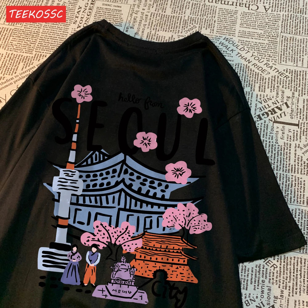 Women’s Casual Cotton T-Shirt – Seoul Scenery Printed Short Sleeve Oversize Tee | Breathable Summer TopWomen’s Clothing / Tops / T-Shirts