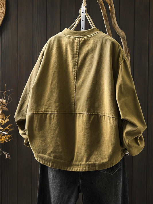 Women’s Casual Cotton Coat – 2025 Autumn Solid Color Loose Short Jacket with Double Pockets | Simple Everyday Style (T647)