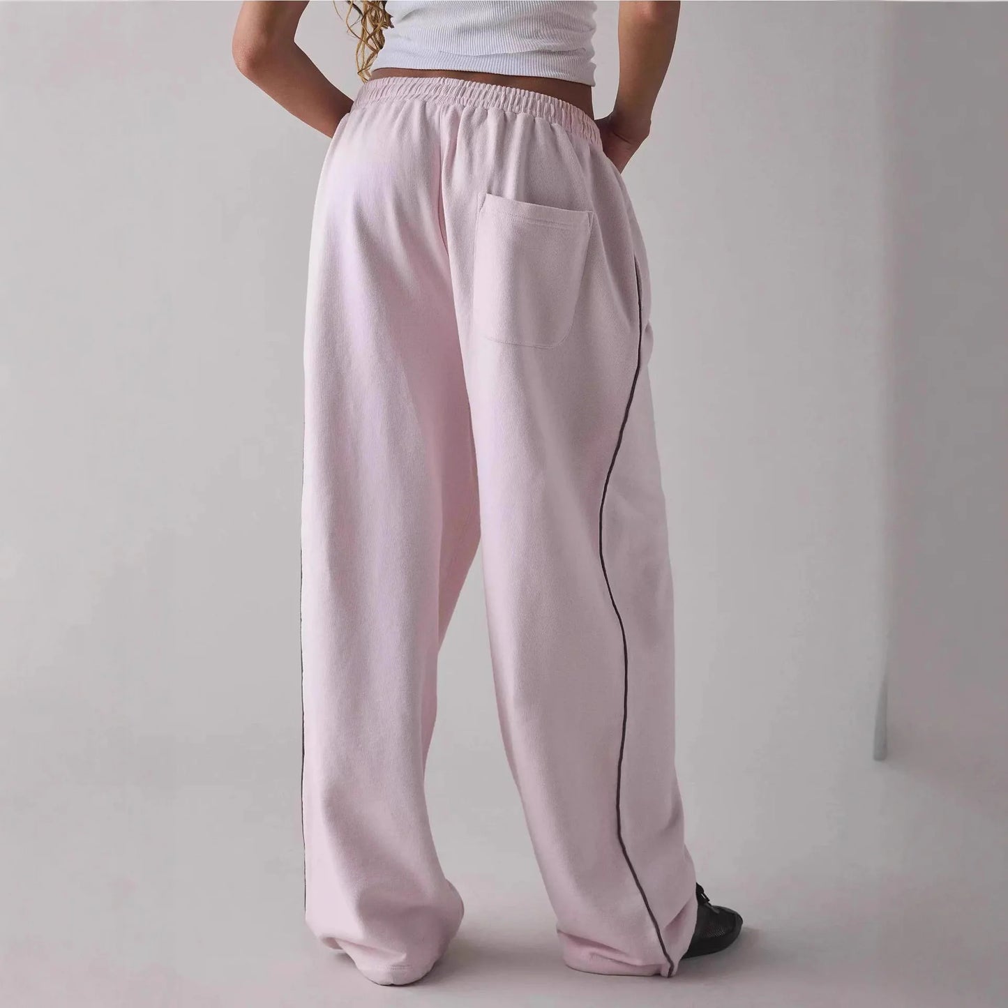 Women’s Pink Embroidered Casual Pants – Loose Straight-Leg Trousers with Elastic Waist | 2025 New Fashion