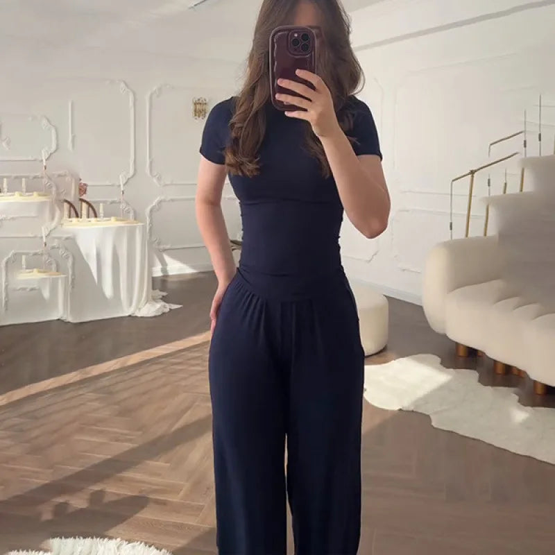 Women’s Casual 2-Piece Set – O-Neck Short Sleeve Top & Elastic Waist Trousers | Spring Summer Loungewear Outfit 2025