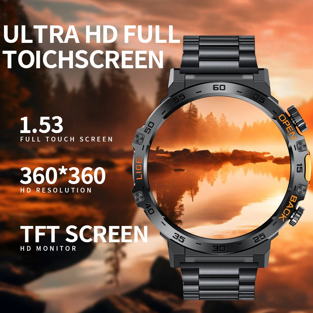 LIGE 2025 Smart Watch for Men – 360×360 AMOLED HD Display Waterproof Fitness Smartwatch with Flashlight (Android & iOS Compatible)