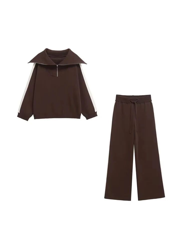 Women’s Two-Piece Casual Set – Side-Striped Knit Sweater & High-Elastic Waist Straight Pants | Fashion Outfit