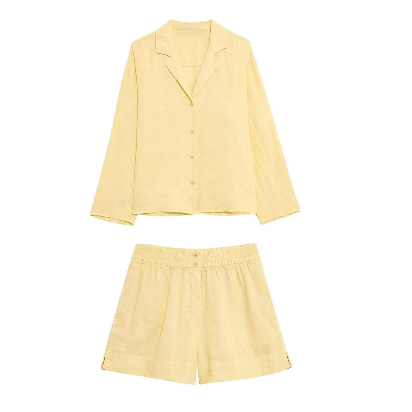 Women’s Casual Yellow 2-Piece Set – V-Neck Long Sleeve Top & Shorts Outfit for Spring/Summer 2025