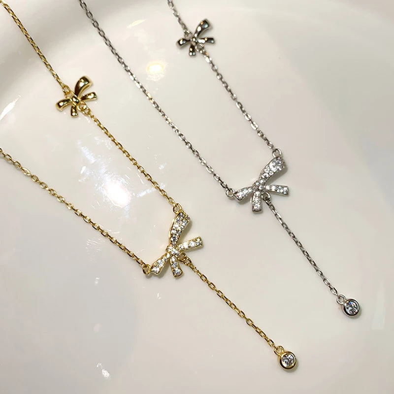 Elegant Zircon Crystal Bow Pendant Necklace – Exquisite Bowknot Tassel Clavicle Chain Jewelry Gift for Women