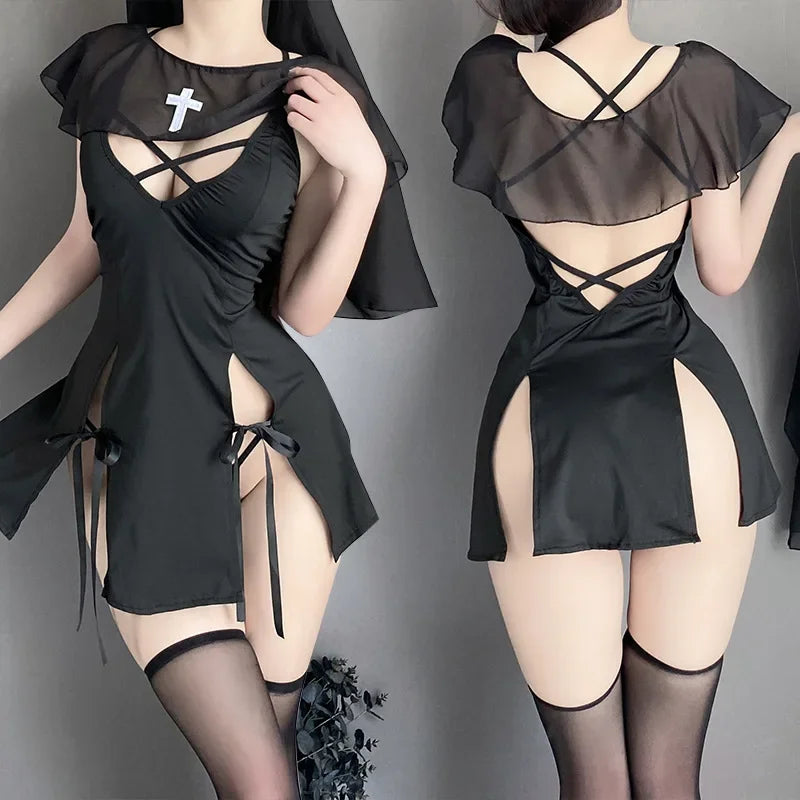 Women’s Halloween Nun Cosplay Costume – Gothic Style Mini Dress with Headpiece
