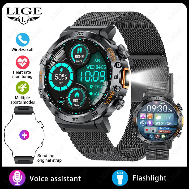 LIGE 2025 Smart Watch for Men – 360×360 AMOLED HD Display Waterproof Fitness Smartwatch with Flashlight (Android & iOS Compatible)
