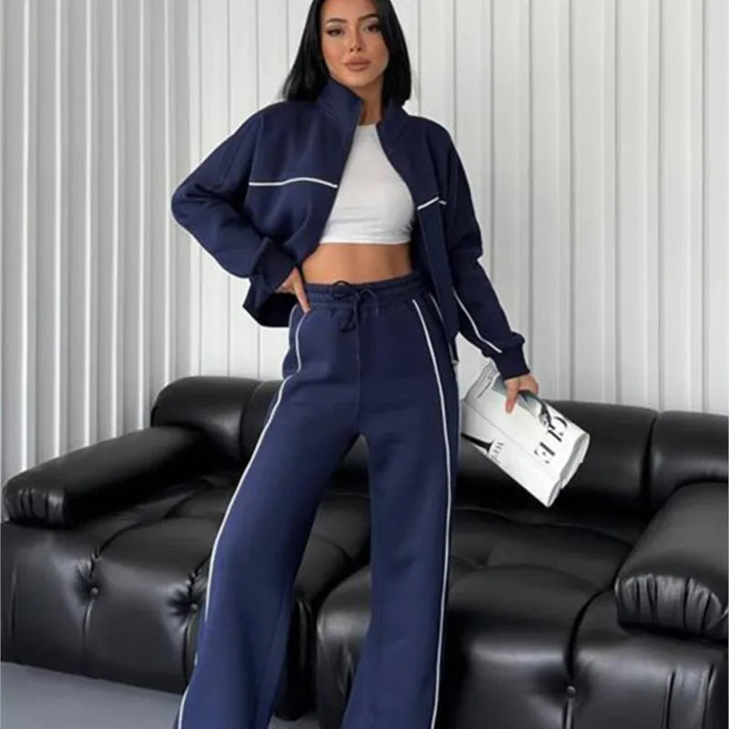 Women’s 2-Piece Tracksuit Set – Long Sleeve Half High Collar Cardigan Sweater & Trousers Casual Sportswear