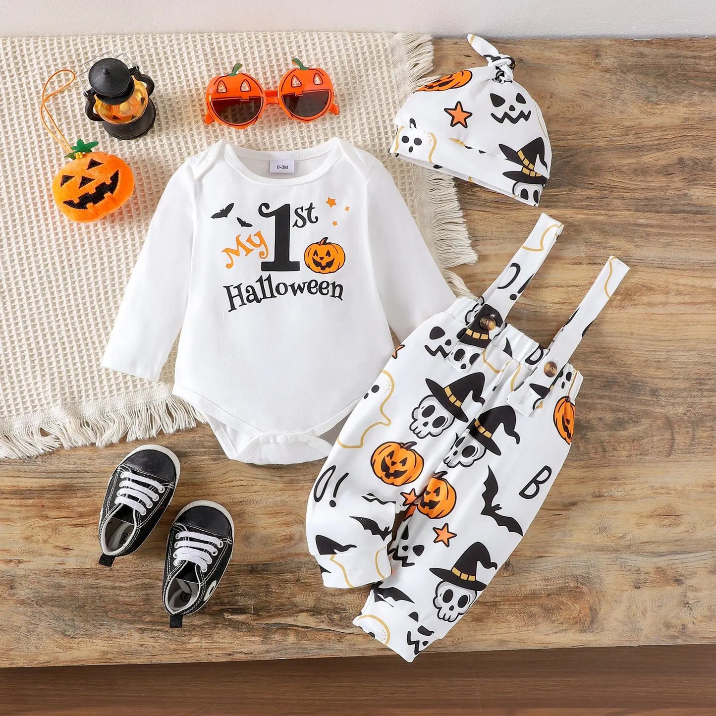 Ceeniu My First Halloween Baby Outfit – Boys Long Sleeve Letter Romper with Suspender Pants & Hat, Newborn Costume