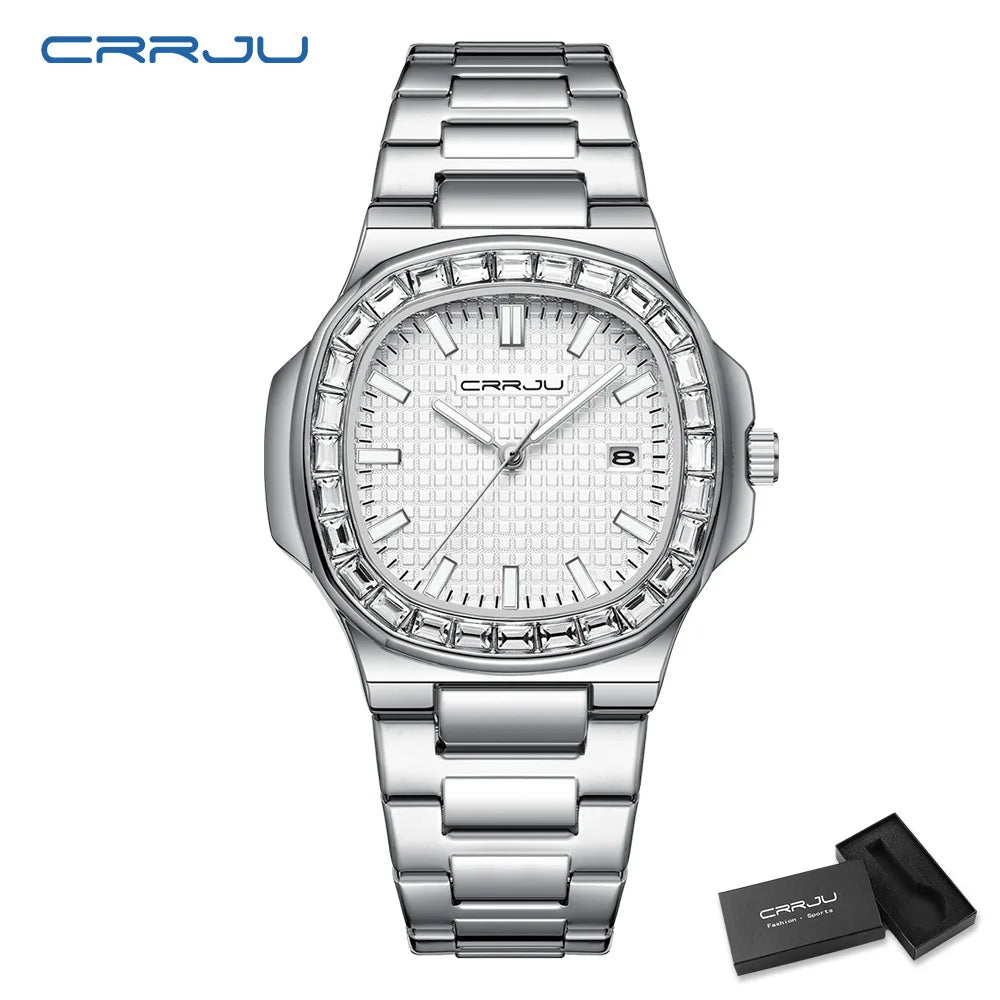 CRRJU Luxury Men’s Stainless Steel Quartz Watch – High-Quality Fashion Wristwatch with Calendar Display