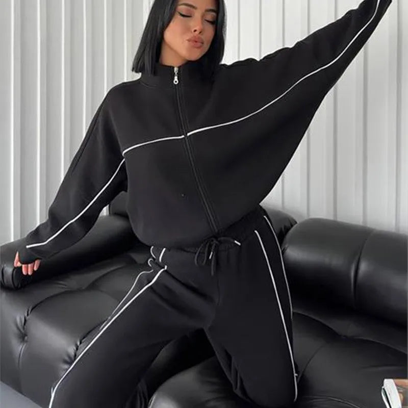 Women’s 2-Piece Tracksuit Set – Long Sleeve Half High Collar Cardigan Sweater & Trousers Casual Sportswear